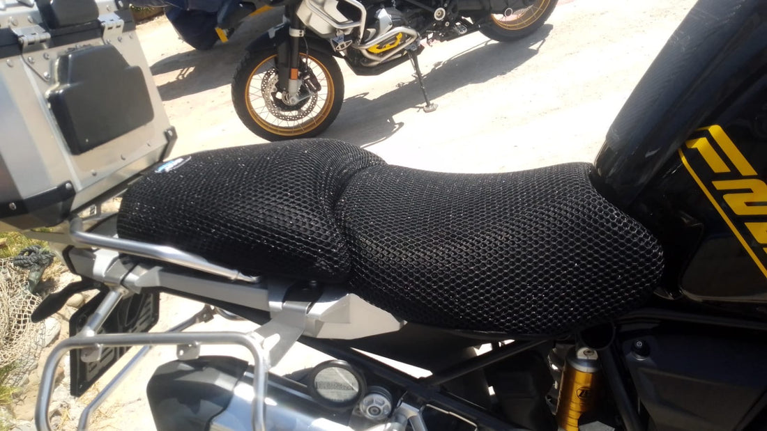 Air-Flow black 3D mesh seat cover on a BMW R1250GS adventure motorcycle on an all-day ride