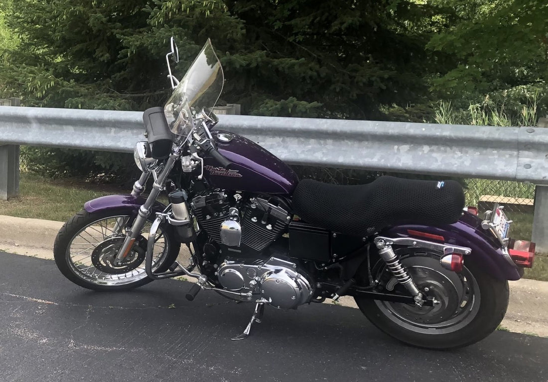 Air-Flow black 3D mesh seat cover on a purple Harley-Davidson Sportster
